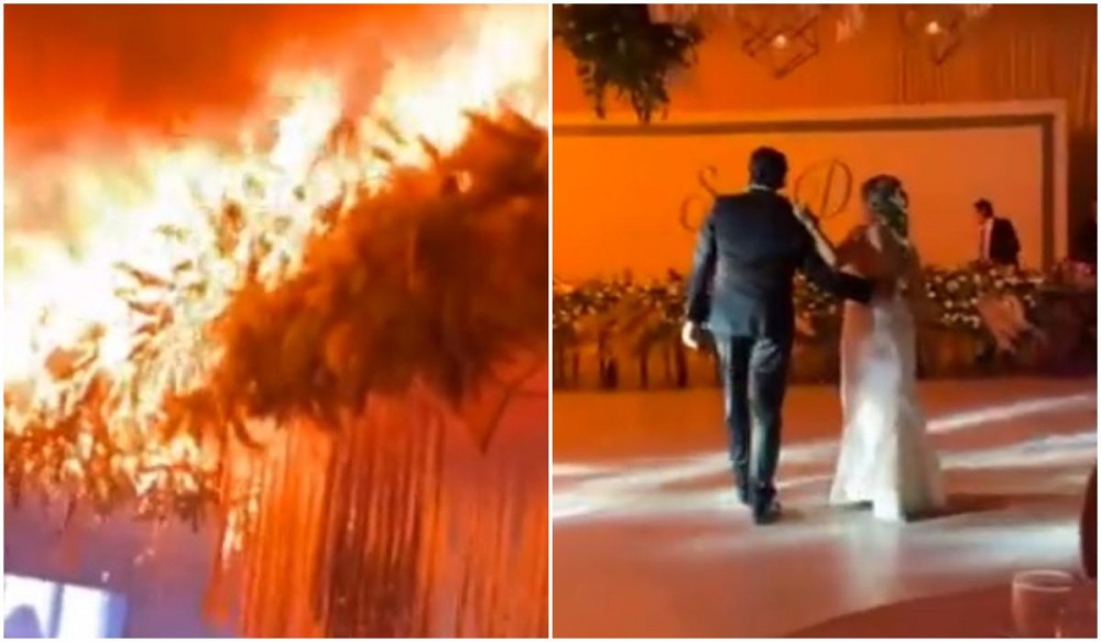 Clipe de coșmar pentru zeci de nuntași. Artificiile de interior au provocat un incendiu uriaș chiar în timpul dansului mirilor